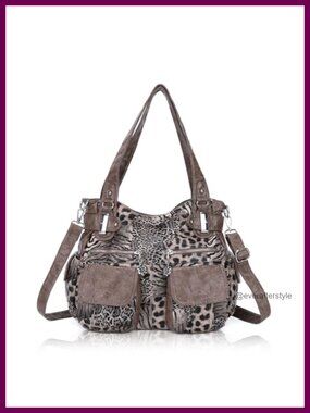 Designer Handbag Large Double Zipper Multi Pocket Washed PU Leather Purse